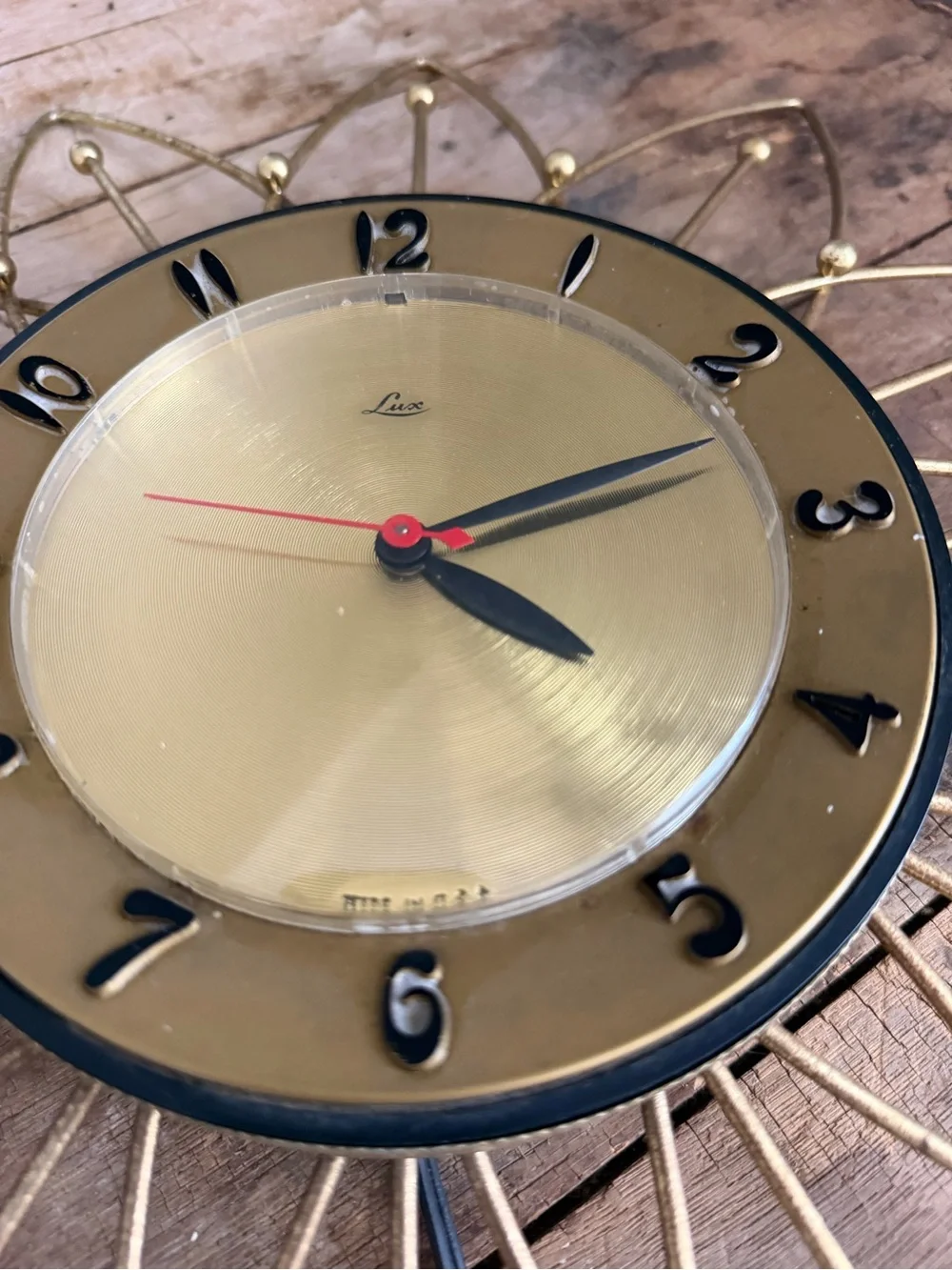 Vintage MCM Gold Lux Mid-Century Starburst Electric Wall Clock